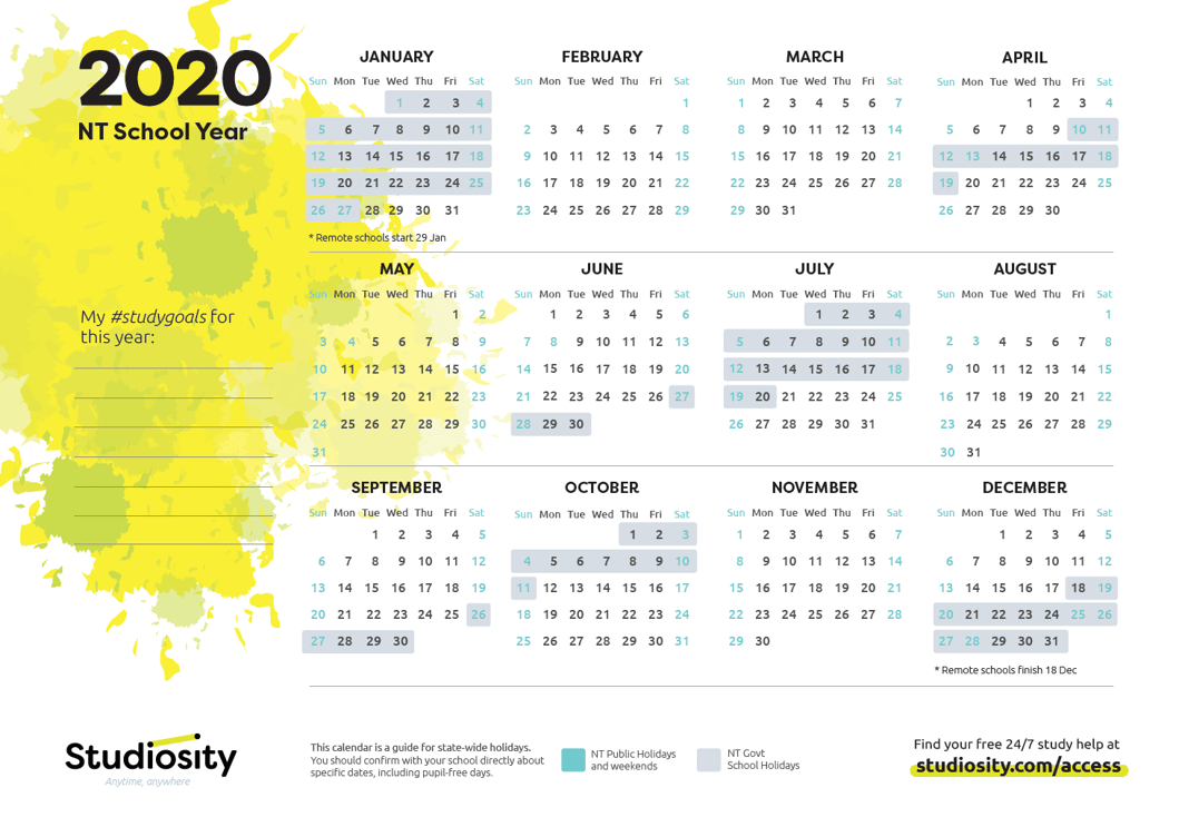 School terms and public holiday dates for NT in 2020 Studiosity